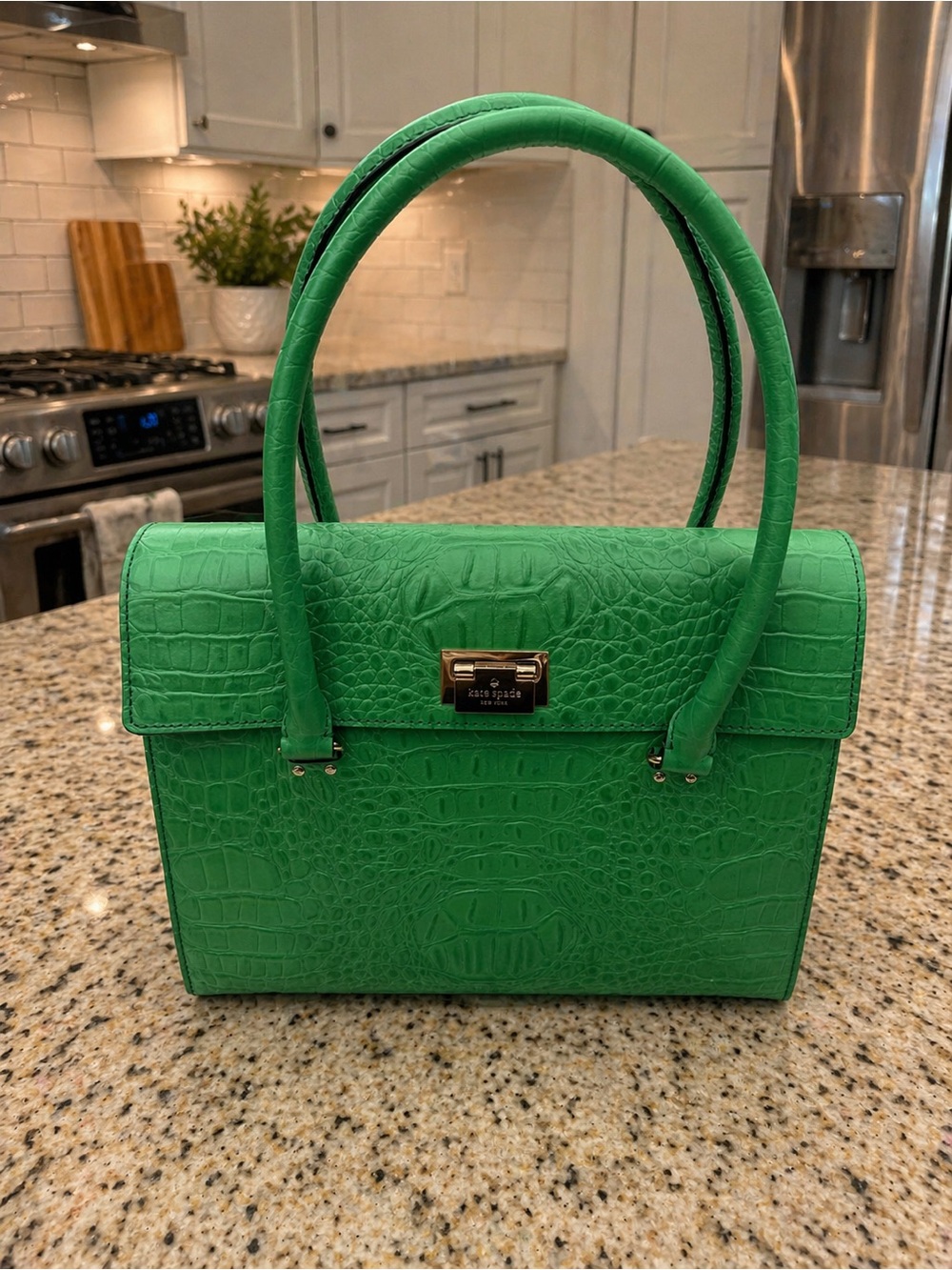 kate spade Green Croc-Embossed Structured Top Handle Satchel